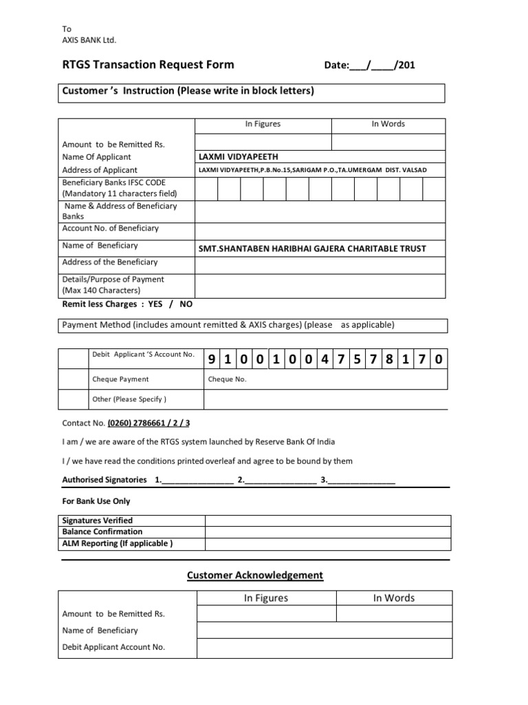 Rtgs Axis Bank Cheque Payments