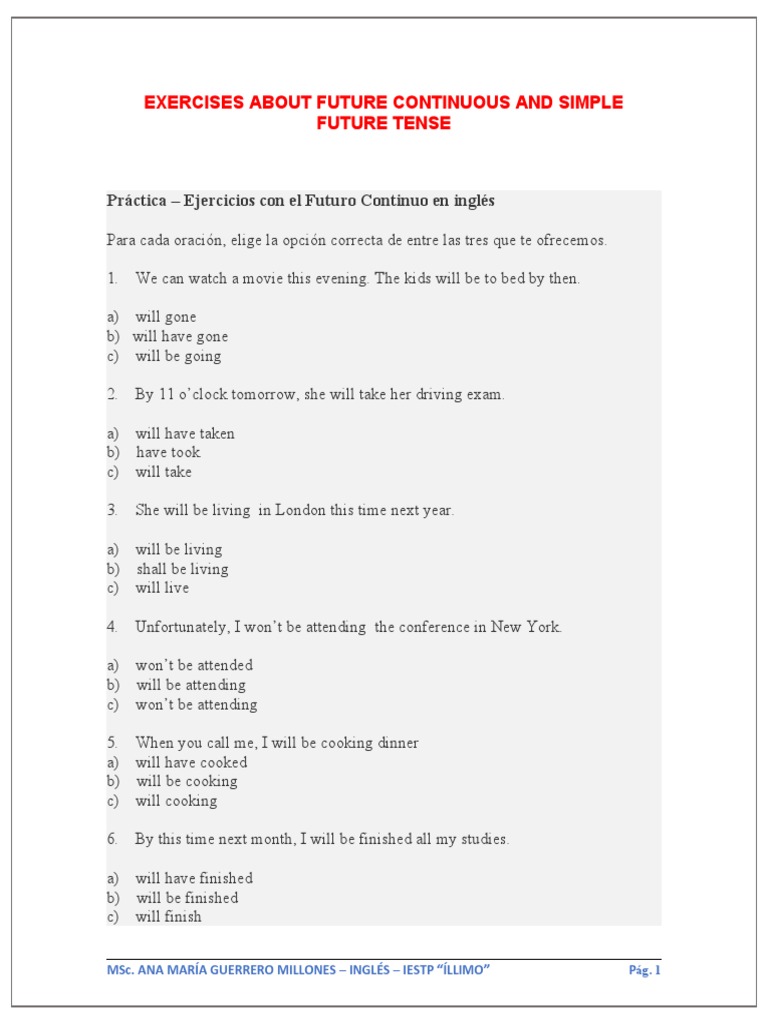 Future Continuous and Simple Exercises | PDF | Language Arts & Discipline