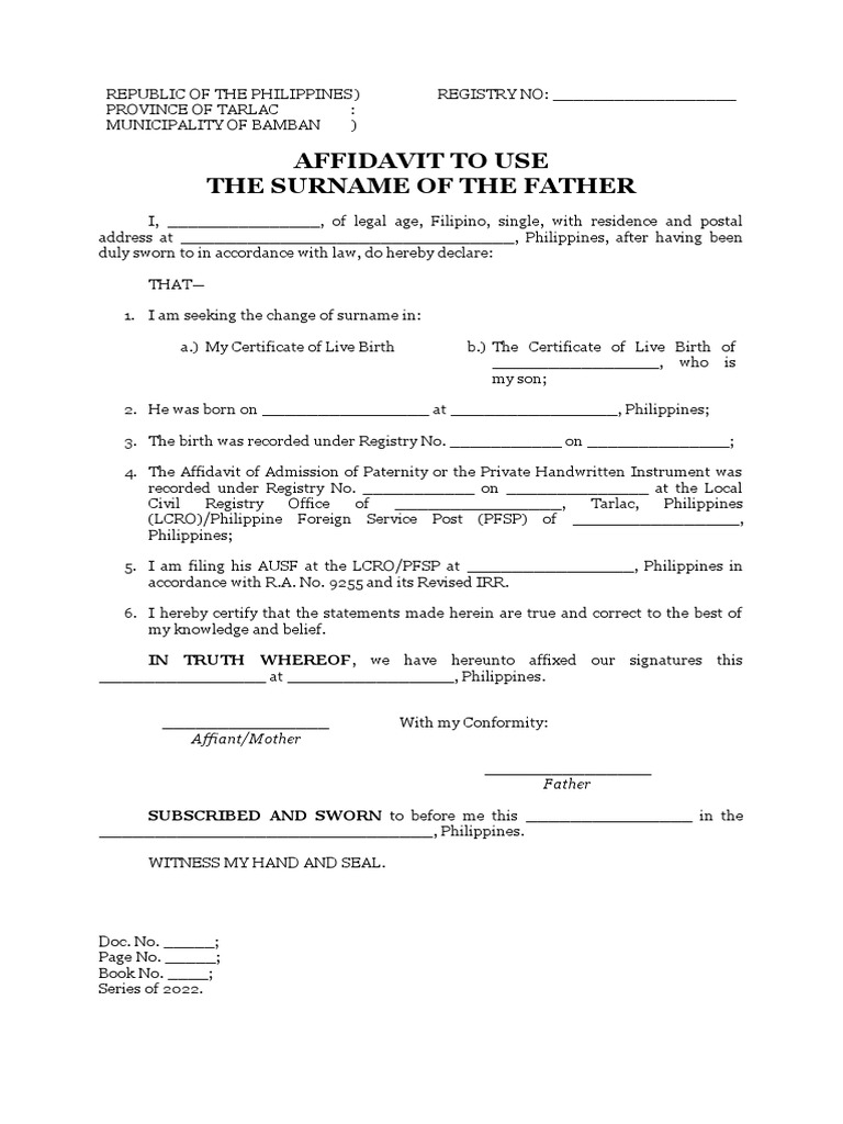 AFFIDAVIT TO USE SURNAME OF FATHER PDF