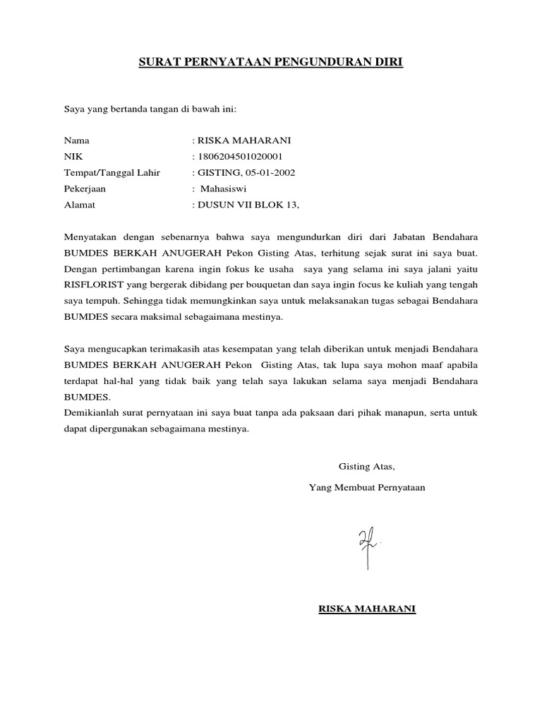 Surat Pernyataan Pengunduran Diri Bendahara Bumdes | PDF