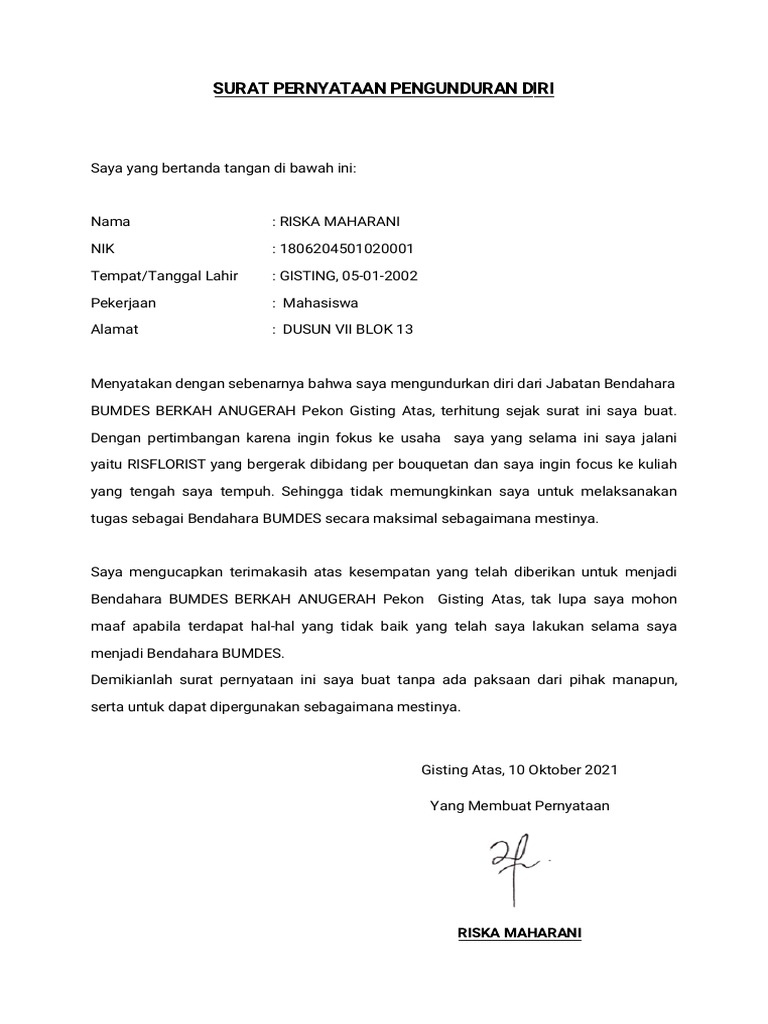 Surat Pernyataan Pengunduran Diri Bendahara Bumdes | PDF