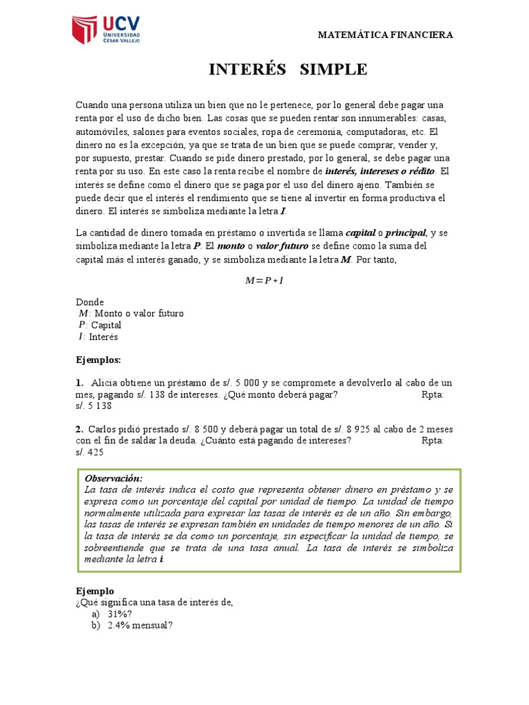 Interés Simple en Matemáticas Financieras | PDF | Interés | Tasas de ...