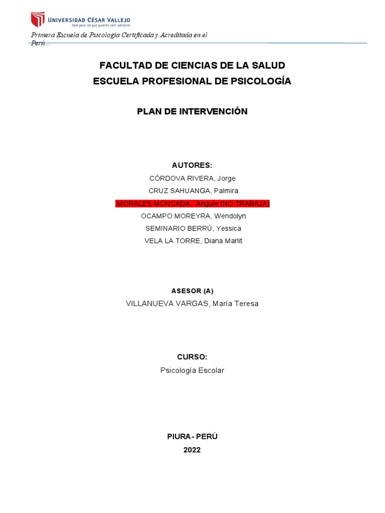 Plan de Intervencion Psic. Escolar | PDF | Sicología | Autoestima