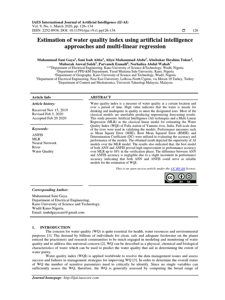 Estimation of Water Quality Index Using Artificial Intelligence ...