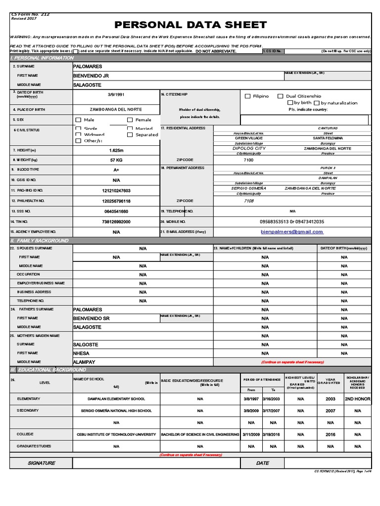Cs Form No. 212 Revised Personal Data Sheet New PDF Government