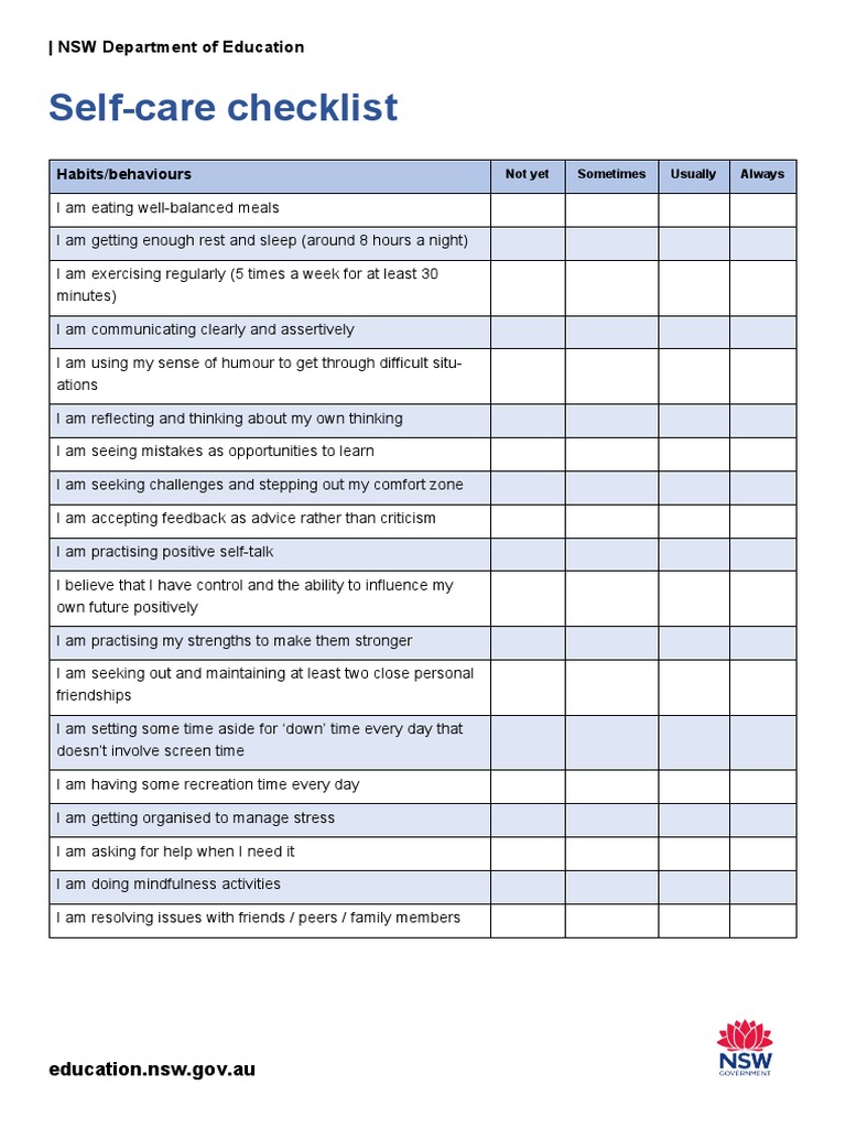 Self-Care Checklist: - NSW Department of Education | PDF