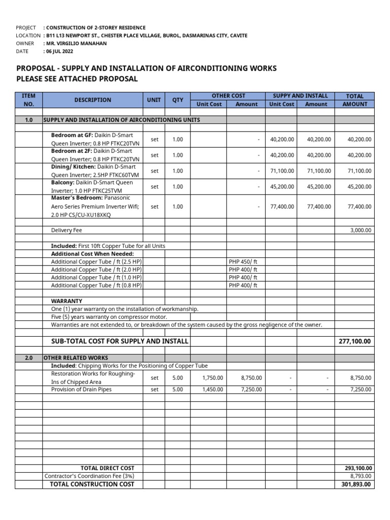 Manahan Residence AC Installation Proposal | PDF | Building Engineering