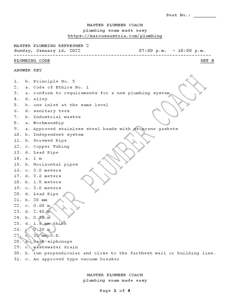PlumbingCodeRefresher With AnswerKey PDF Plumbing Pipe (Fluid
