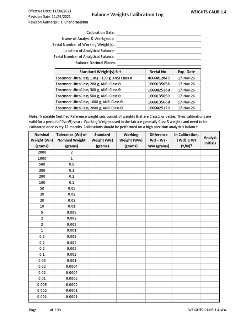 Balance Weights Calibration Log PDF Metrology Science