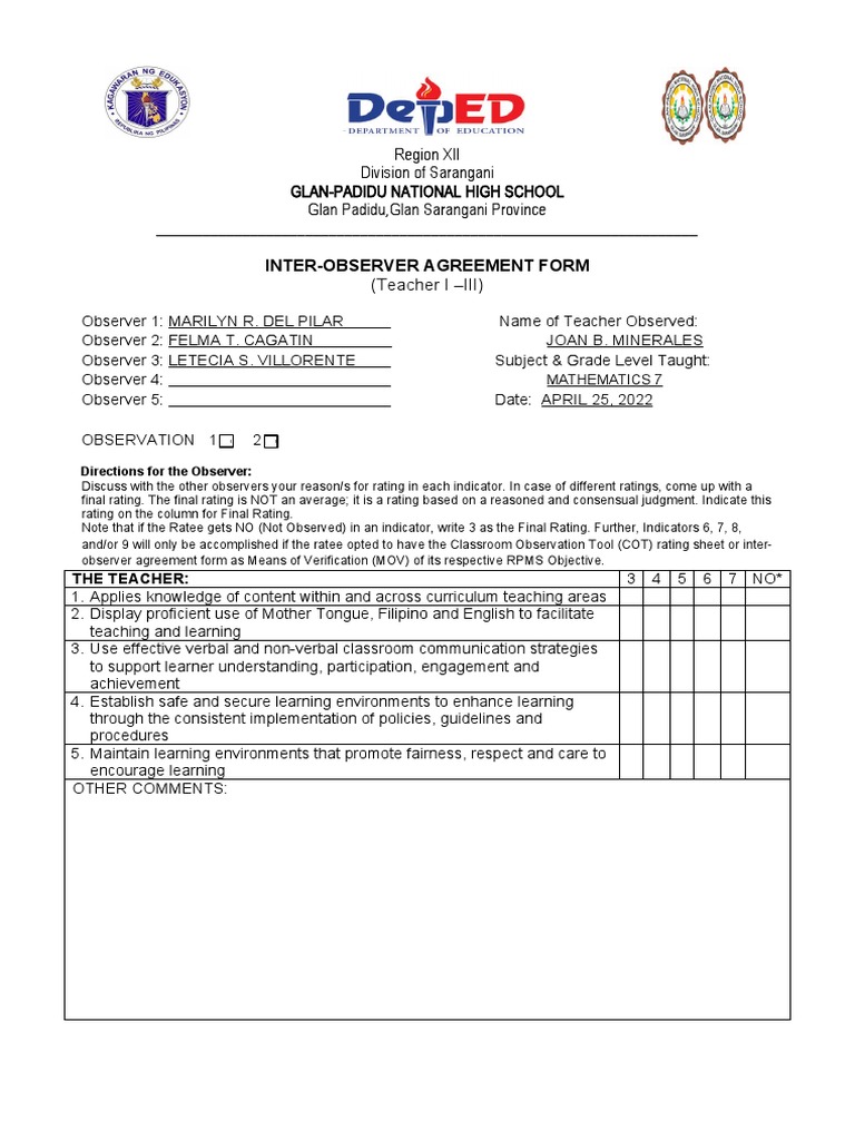 Inter-Observer Agreement Form 1-3 | PDF | Learning | Teachers