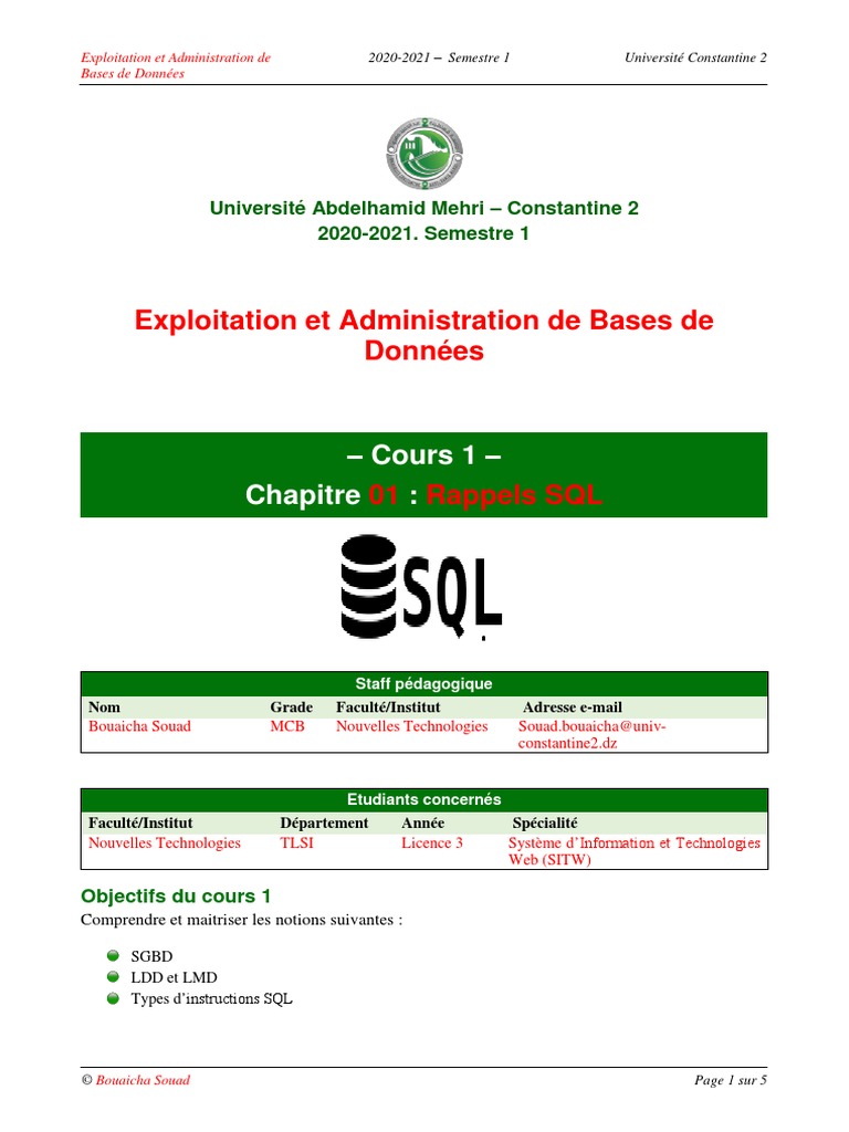 Cours 1 | PDF | SQL | Bases de données