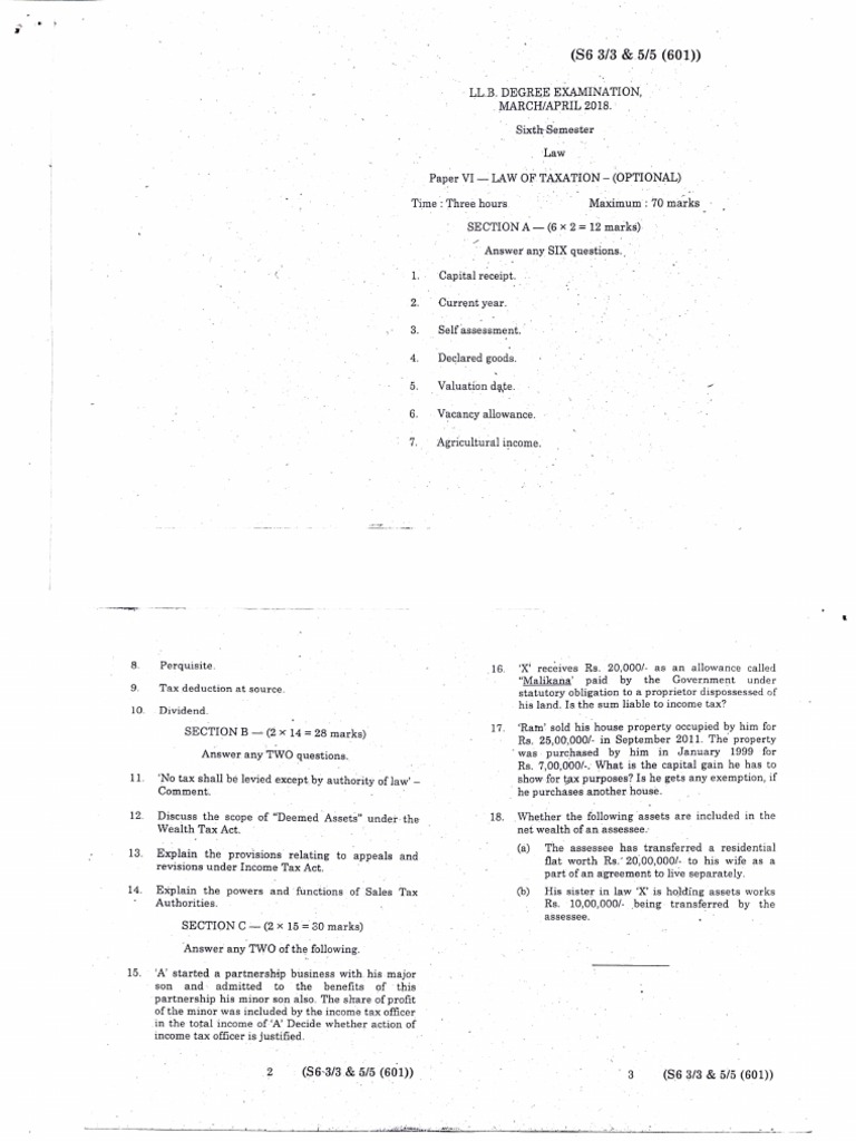 6th Semester Previous Question Paper Taxation Pdf