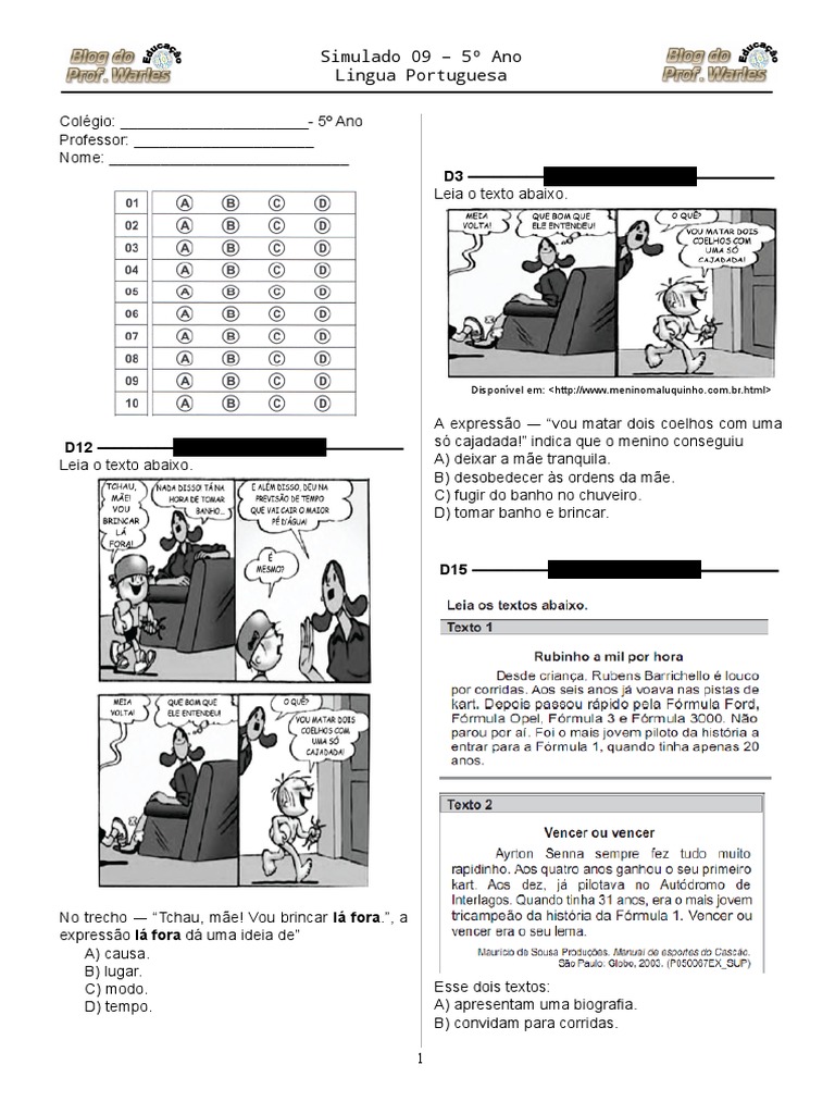 Simulado 9 (Port. 5º Ano - Blog Do Prof. Warles) | PDF | Umidade | Calor