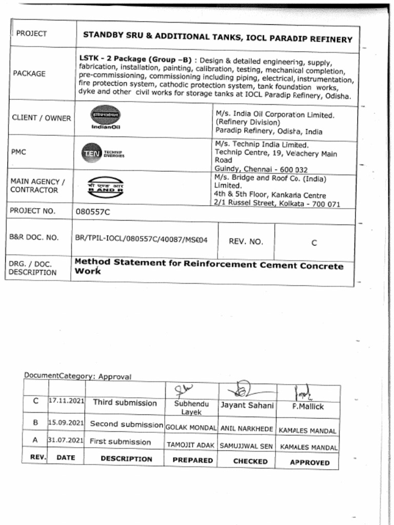 Method Statement For Reinforcement Cement Concerte Work | PDF