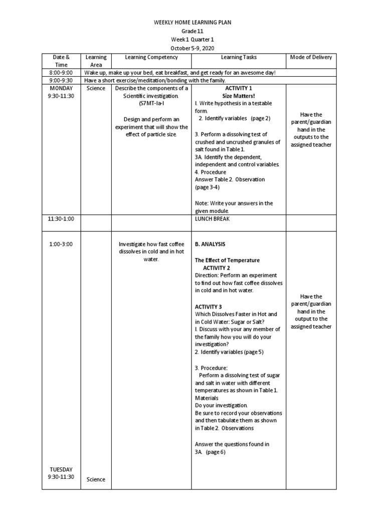 Weekly Home Learning Plan PDF Mixture Multiple Choice