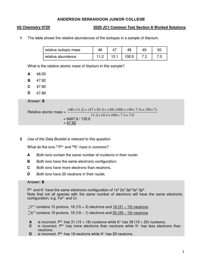 H2 Chemistry 9729 JC1 Test Solutions | PDF | Ionic Bonding | Chemical Bond