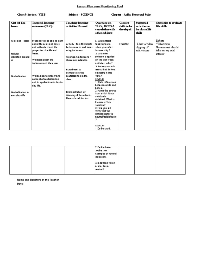 5 - Acids, Bases and Salts - Lesson Plan - B2B | PDF | Lesson Plan ...