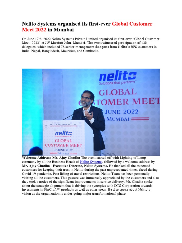Nelito Systems-Global Customer Meet 2022 in Mumbai | PDF | Economies