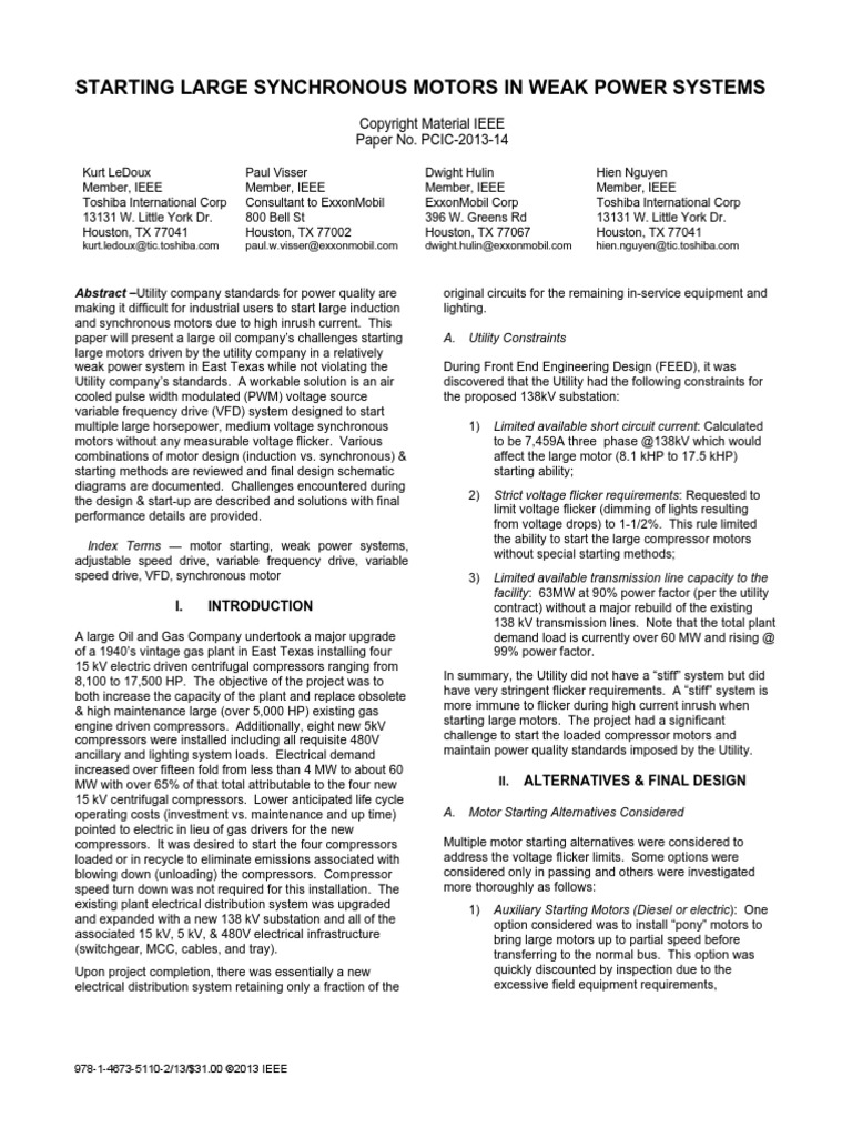 Starting Large Synchronous Motors in Weak Power Systems PDF