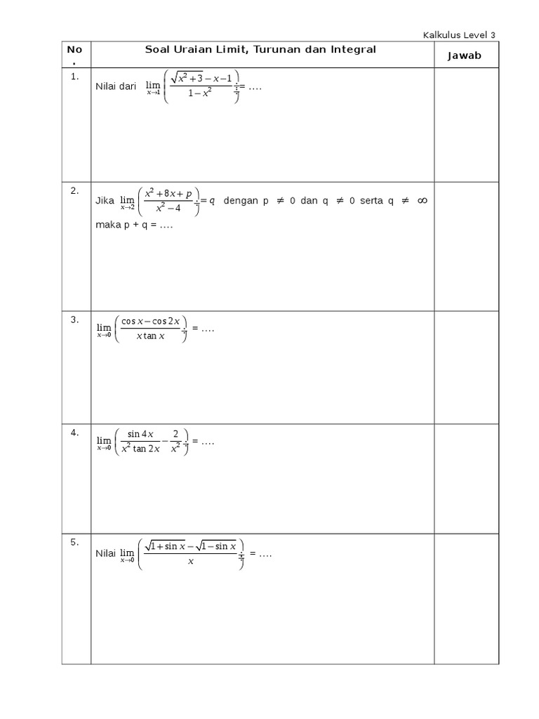 Soal soal limit turunan dan integral level 3 pdf