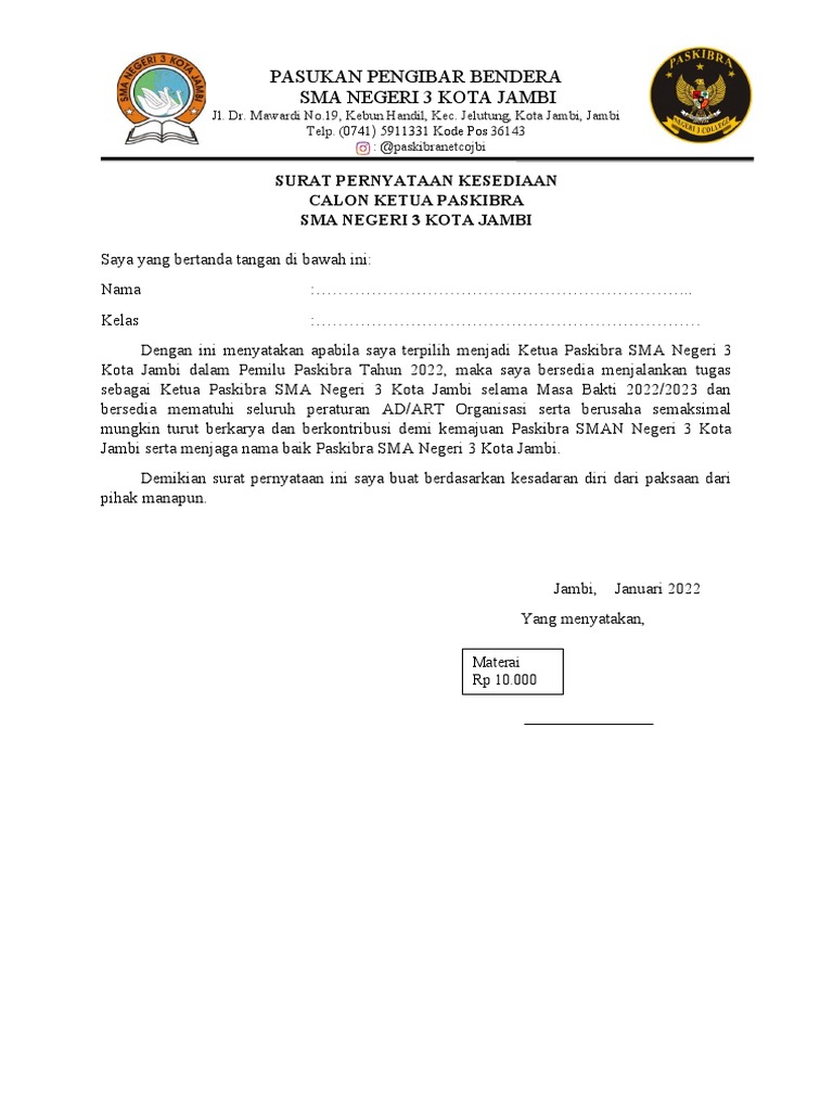 Surat Pernyataan Kesediaan Menjadi Ketua | PDF