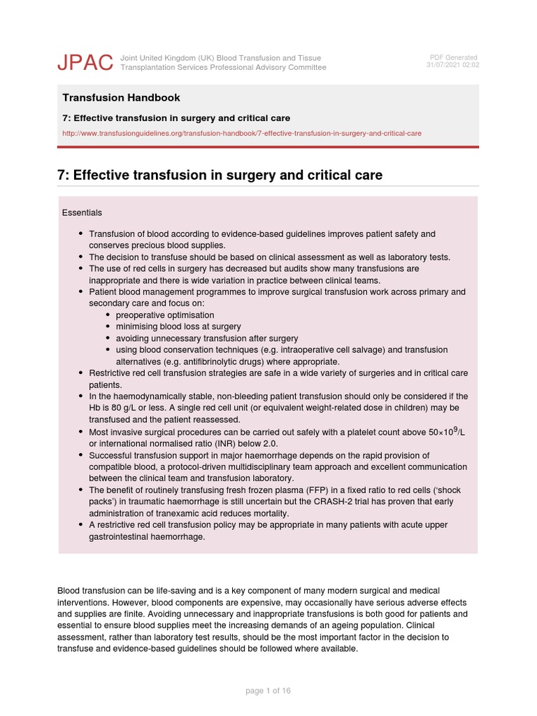 7: Effective Transfusion in Surgery and Critical Care | PDF | Bleeding ...
