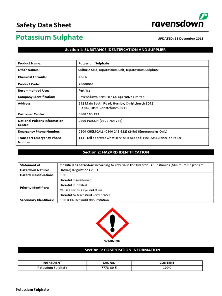 Potassium Sulphate Safety Data Sheet PDF Personal Protective