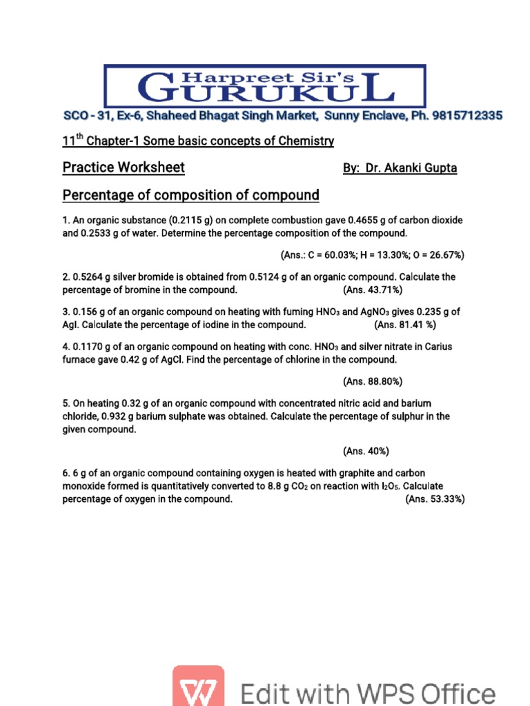 11th Ch-1 Percentage Composition Worksheet | PDF