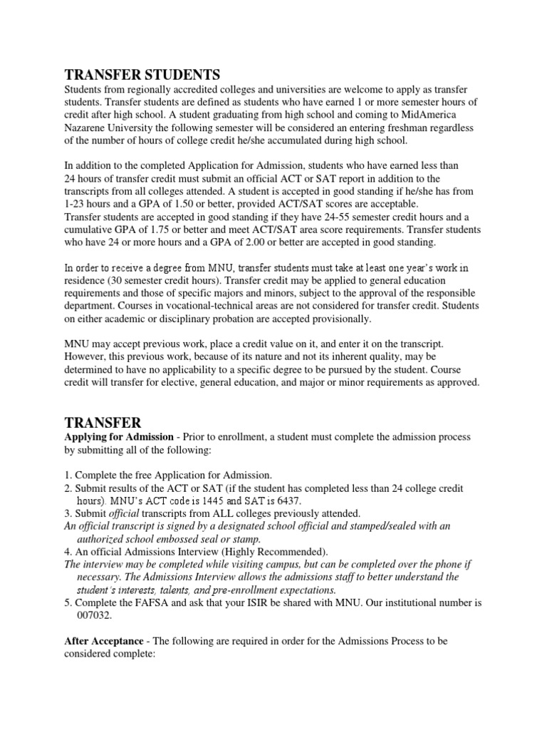 Transfer Students: Applying For Admission - Prior To Enrollment, A ...