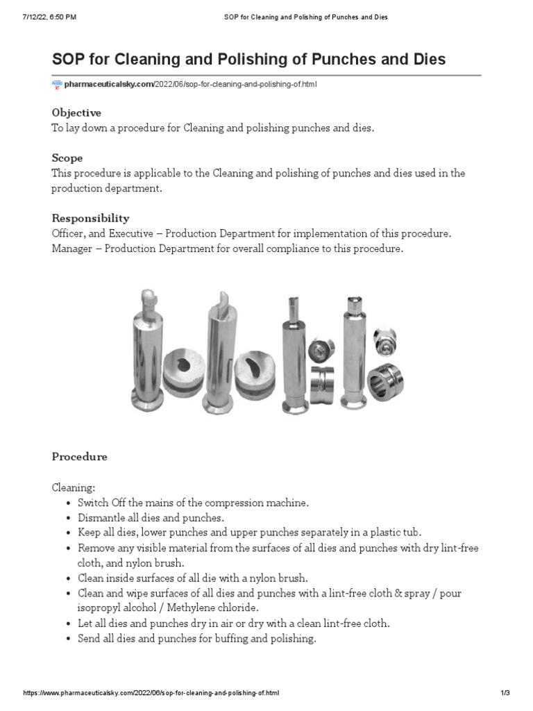 SOP For Cleaning and Polishing of Punches and Dies PDF Materials Industrial Processes