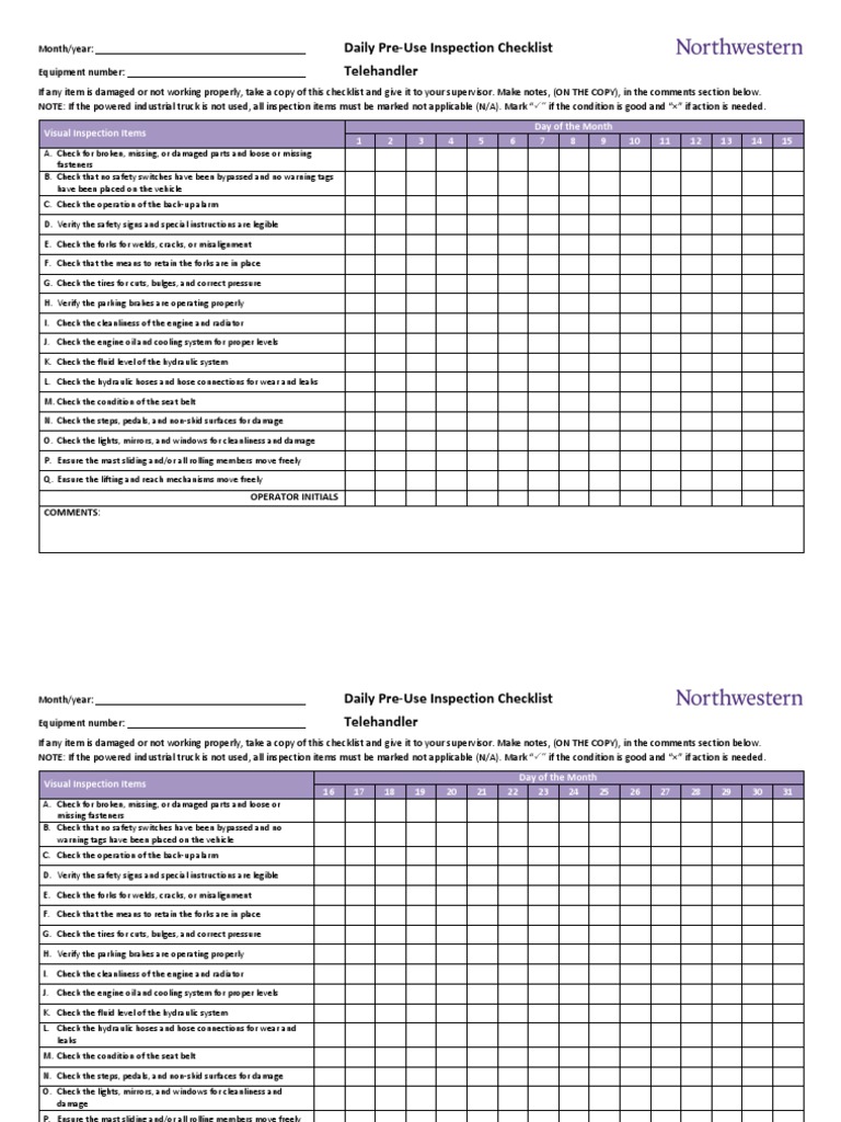Daily Telehandler Inspection Checklist | PDF | Vehicles | Mechanical ...