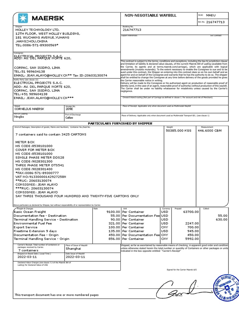 NonNegotiable Waybill Particulars Furnished by Shipper PDF Cargo