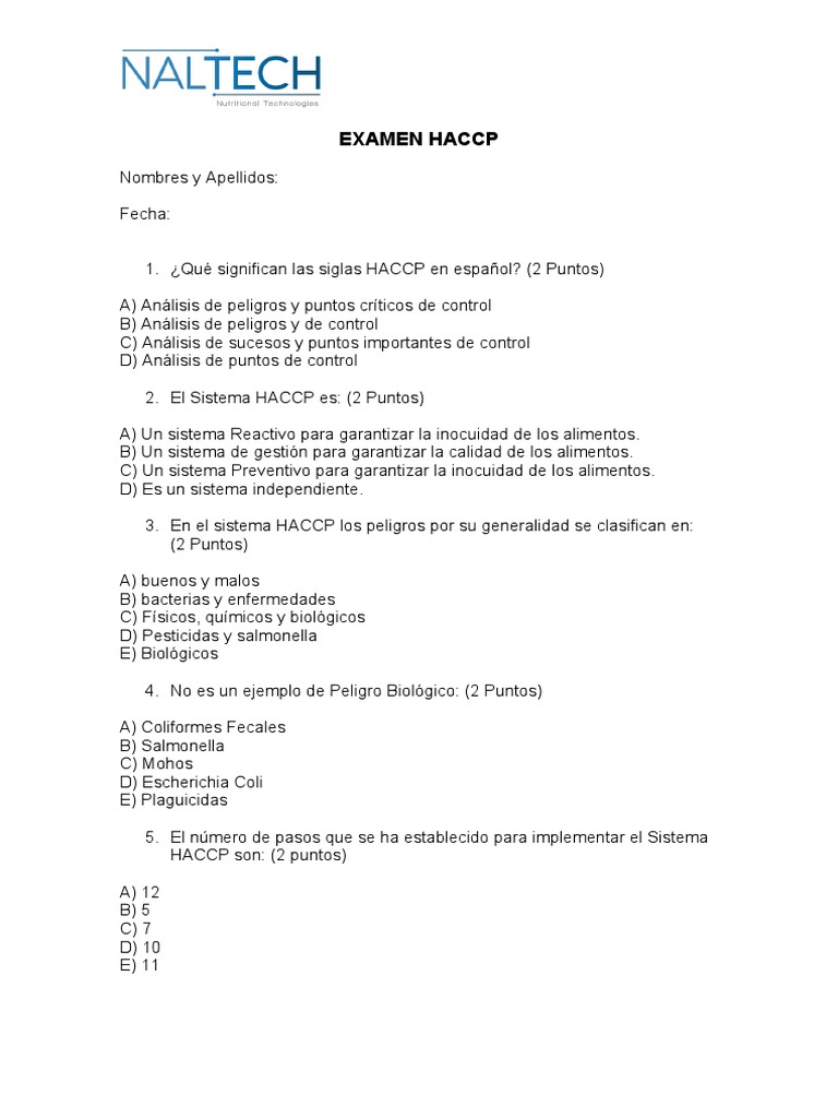 EXAMEN HACCP PDF Análisis de Riesgo y Puntos Críticos de Control