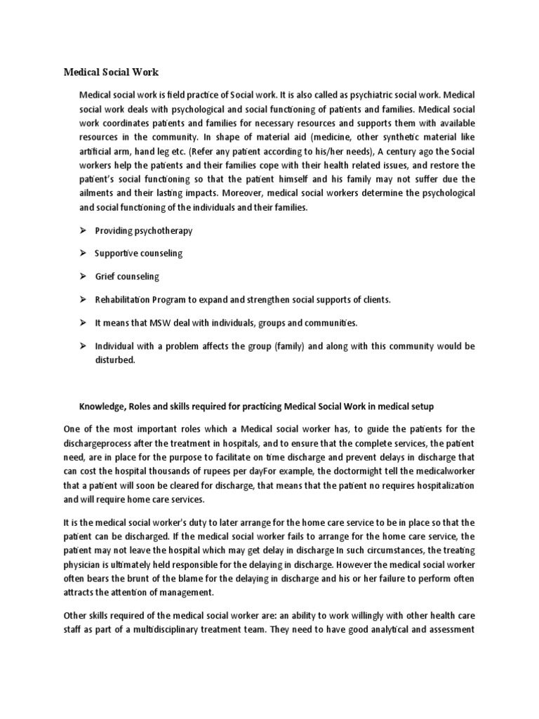 MEDICAL SOCIAL WORK PDF Social Work Patient