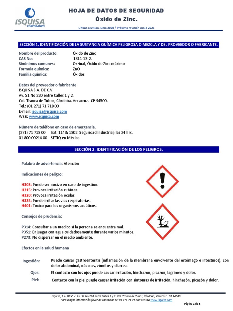 Oxido de Zinc Hoja de Seguridad PDF Óxido de zinc Solubilidad