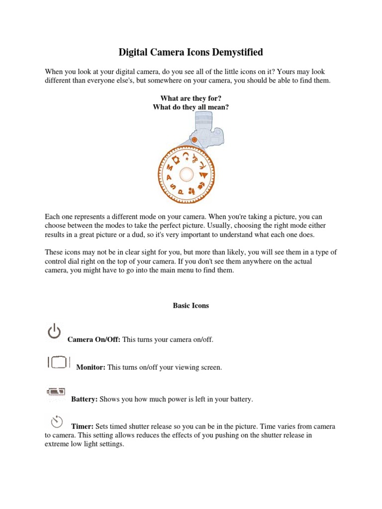 Understanding Digital Camera Icons | PDF | Camera | Shutter Speed