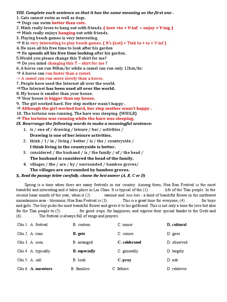 Sentence Completion and Rearrangement Exercises | PDF | Language Arts ...