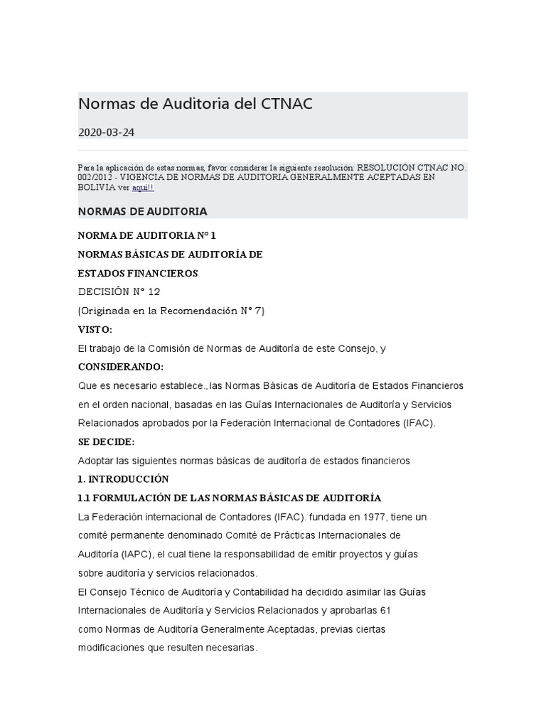 Normas de Auditoría del CTNAC en Bolivia | PDF | Auditoría | Contralor
