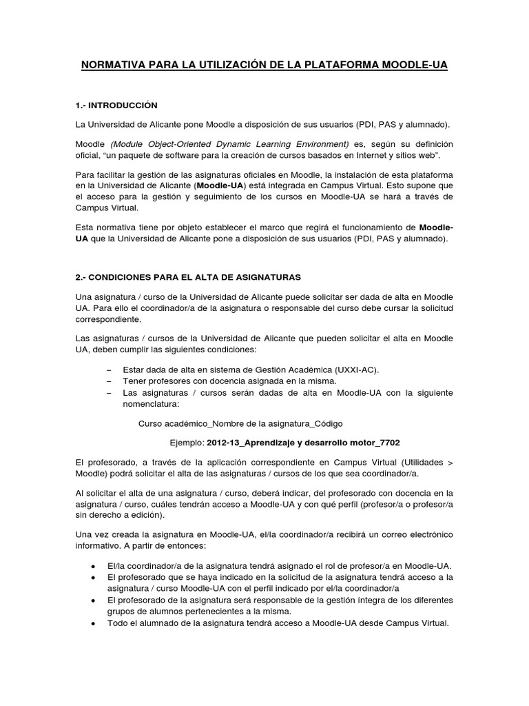 Normativa para La Utilizacion de La Plataforma Moodle Ua | PDF | Moodle ...