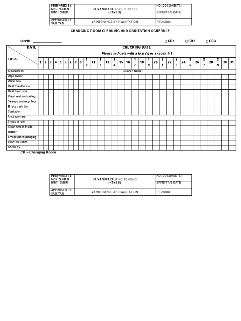 Changing Room Cleaning and Sanitation Schedule PDF Sanitation
