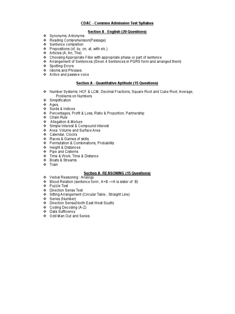 CDAC - Common Admission Test Syllabus Section A - English (20 Questions ...