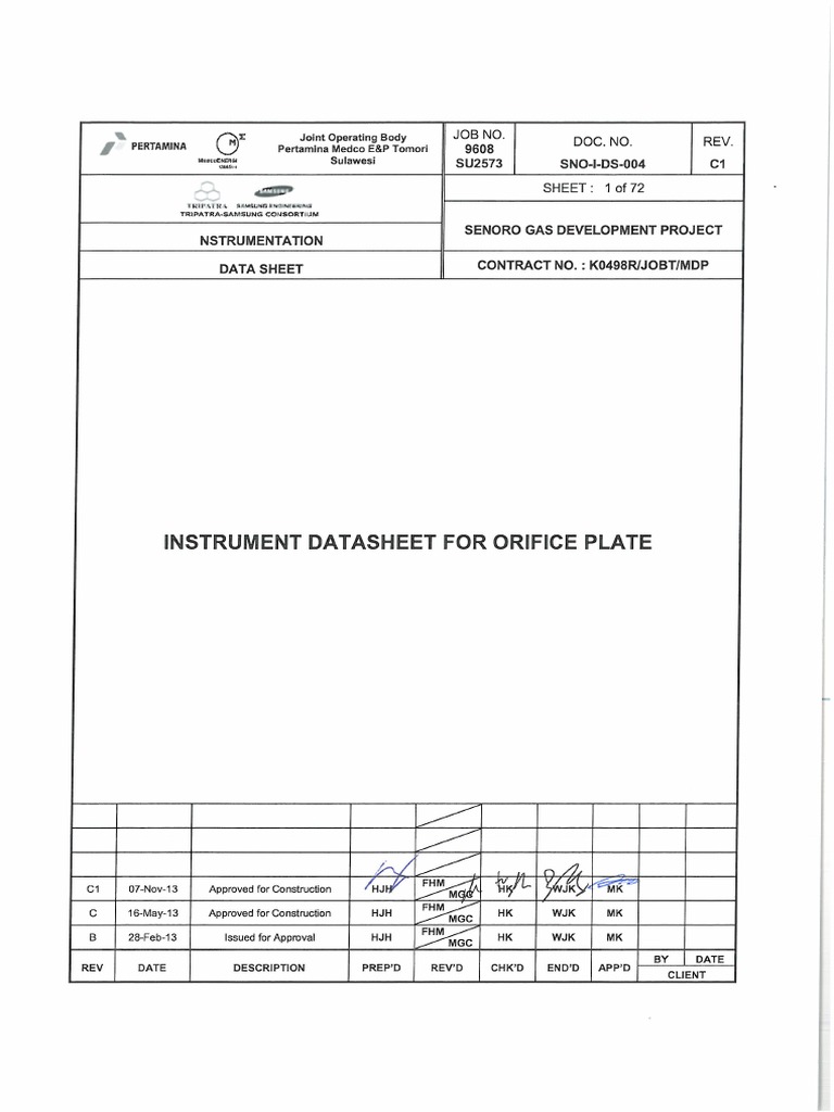 Orifice Plate Data Sheet Revision C1 | PDF | Pressure | Viscosity