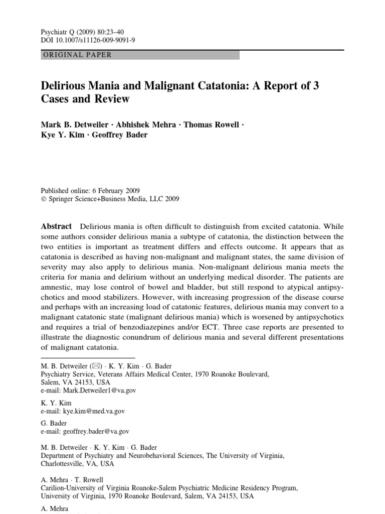 Delirious Mania and Malignant Catatonia Mania Antipsychotic