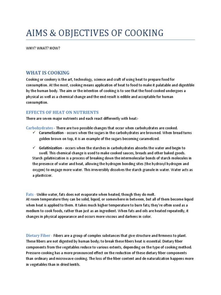 AIMS & OBJECTIVES of COOKING PDF Cooking Foods