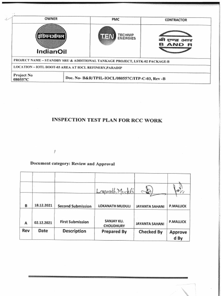 Inspection Test Plan for Rcc Work | PDF