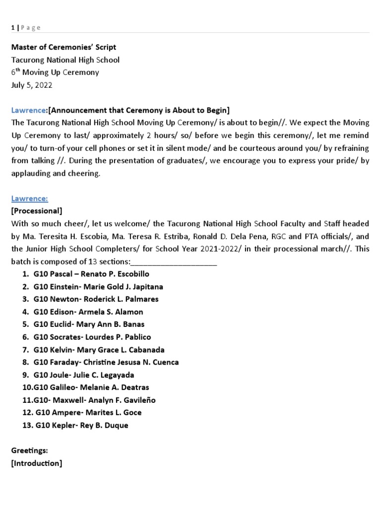 Moving Up Ceremony SCRIPT | PDF | Foreign Language Studies | Wellness