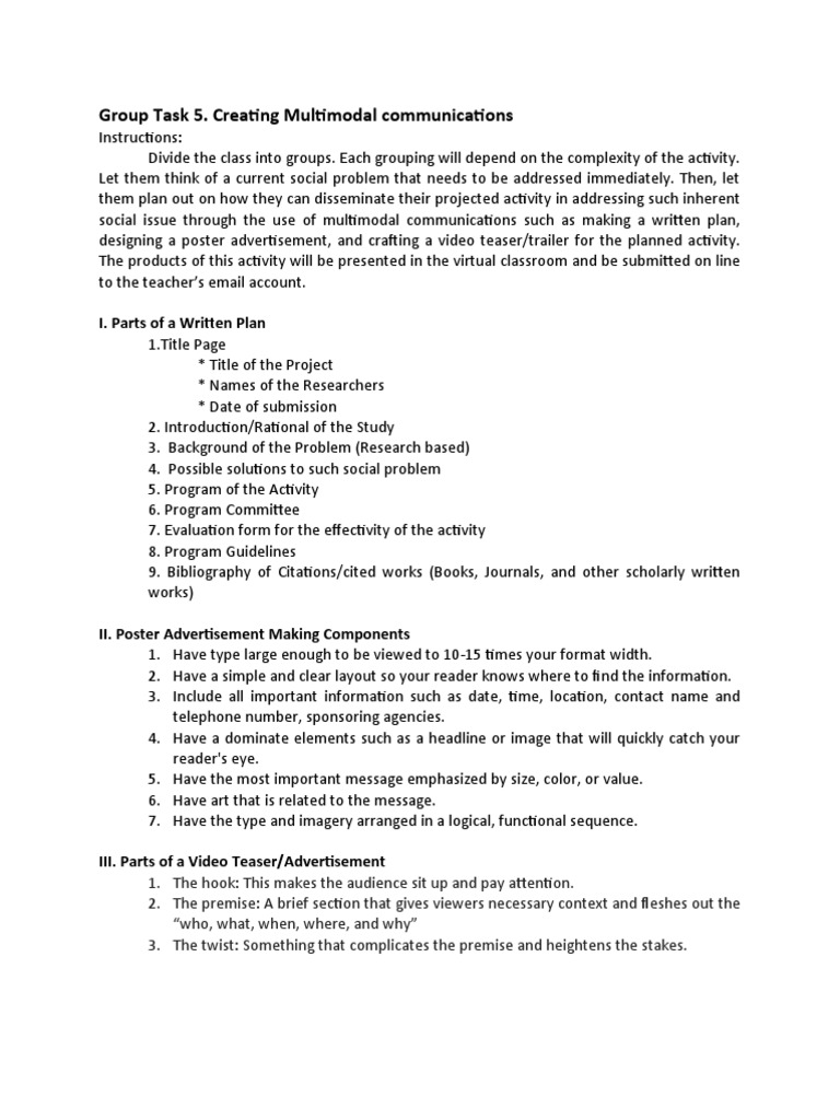 Group Task 5. Creating Multimodal Communications: I. Parts of A Written ...