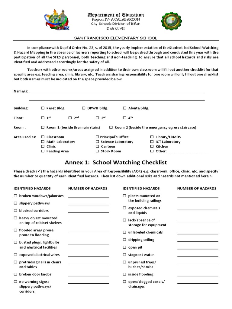 School Hazard Mapping Checklist 2023 | PDF