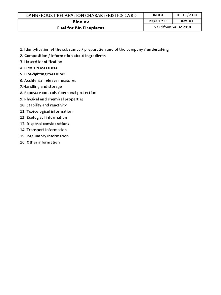 Bionlov Fuel For Bio Fireplaces Dangerous Preparation Charakteristics