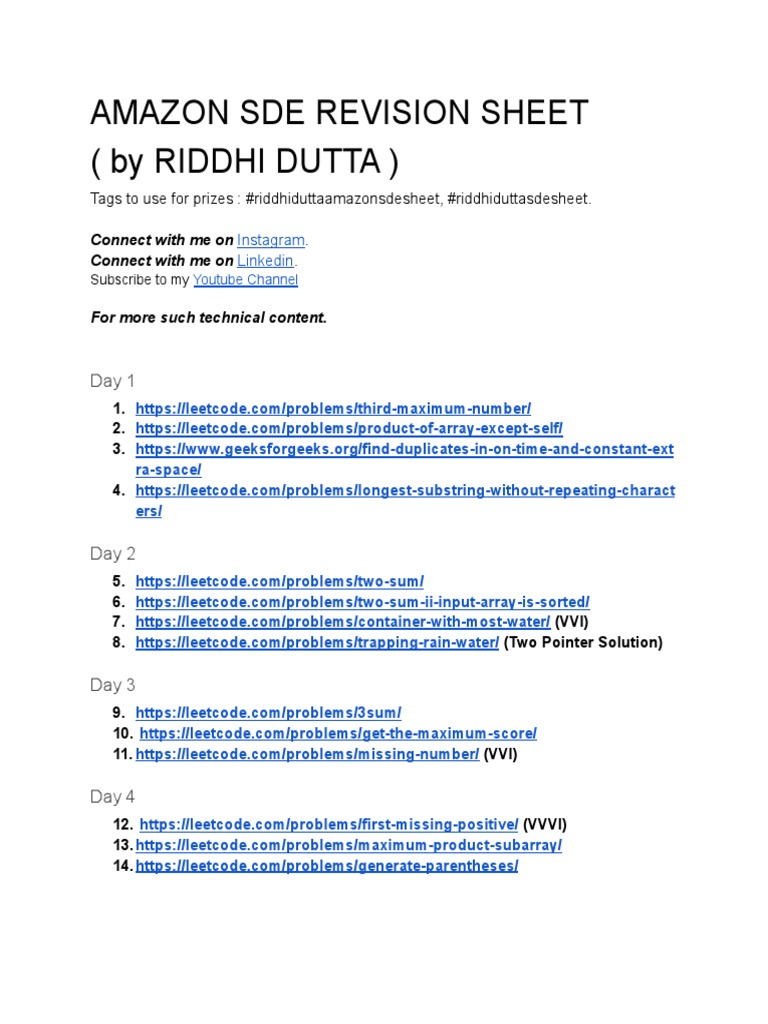 Amazon Sde Revision Sheet (By Riddhi Dutta) PDF Computing